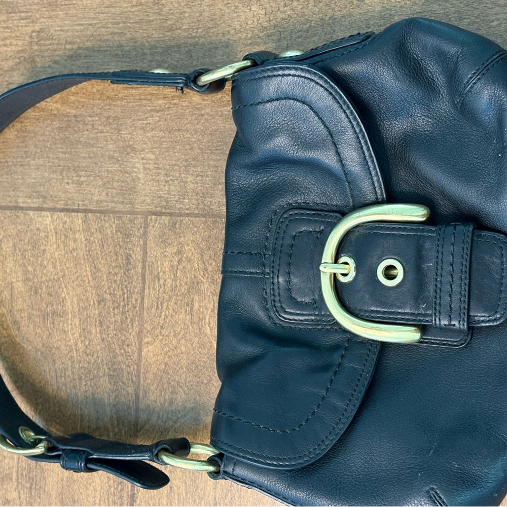 Coach Black Leather Shoulder Bag with Gold Buckle